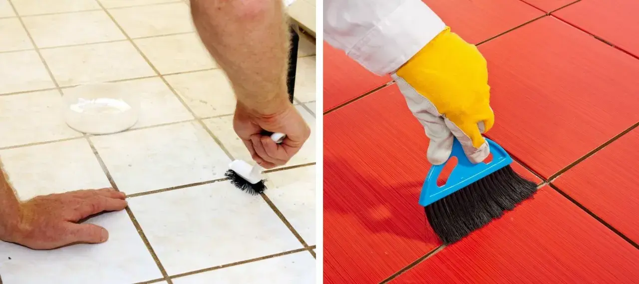 Nettoyer carrelage après joint : brossage des joints sur carrelage clair et balayage sur carrelage rouge.