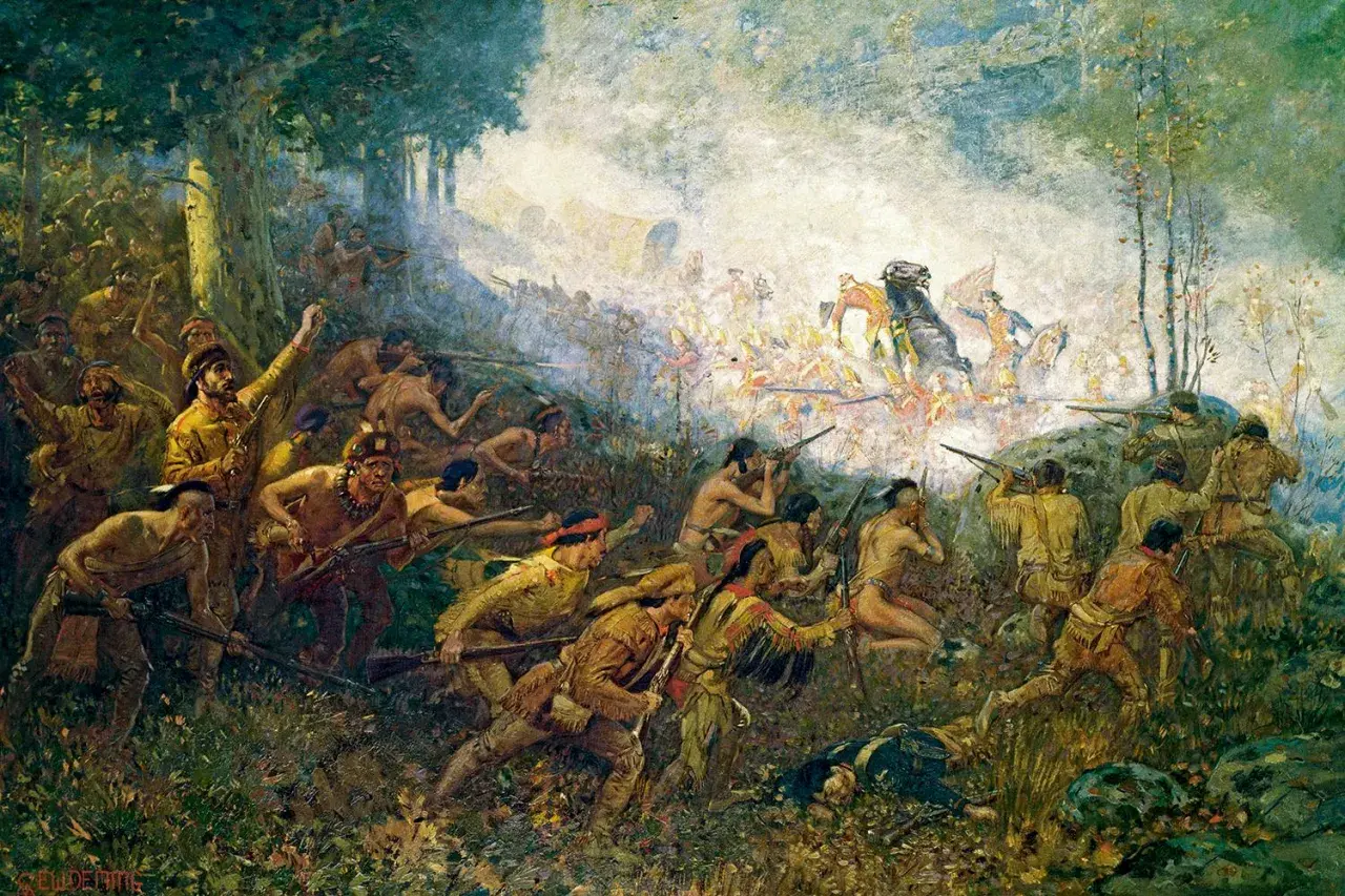Strider i skogen, ursprungsbefolkning och nybyggare i strid, en scen från den amerikanska revolutionen.