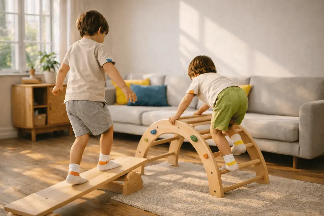 Niños jugando en un gimnasio de interior, desarrollando su motricidad gruesa al trepar y equilibrarse.