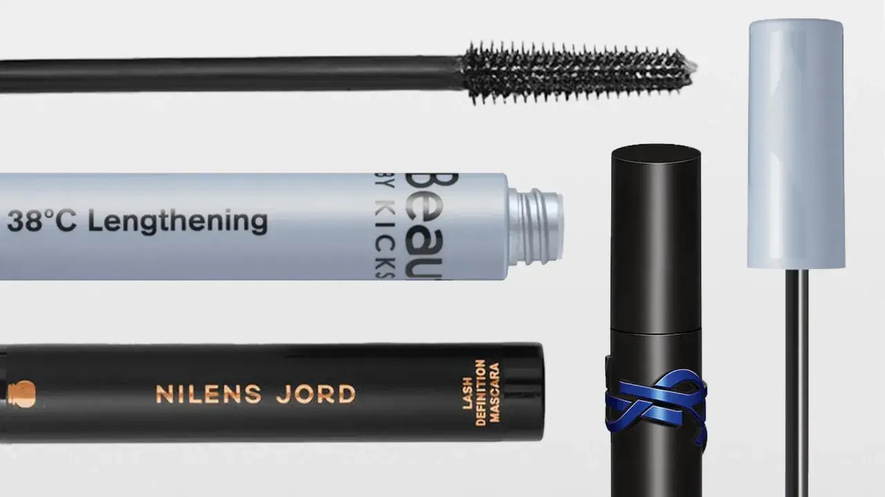 Tre mascaraborstar och tre mascaratuber. En blå med texten "38°C Lengthening", en svart med "NILENS JORD" och en svart med blått emblem. Perfekt för att ta bort vattenfast mascara.