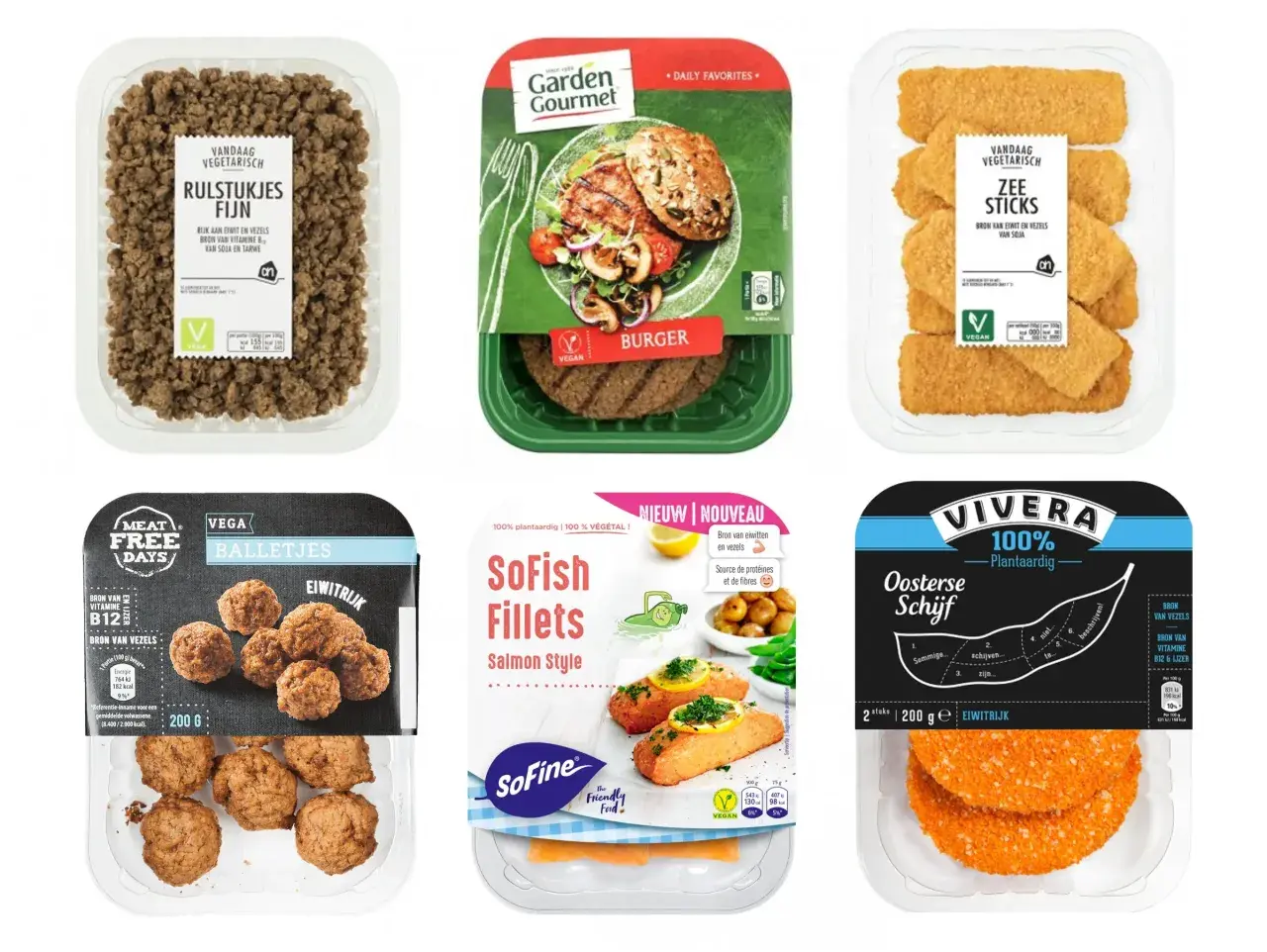 Vleesvervanger zonder soja: fijne rulstukjes, vegan burgers, zeesticks, balletjes, visfillets en oosterse schijven.