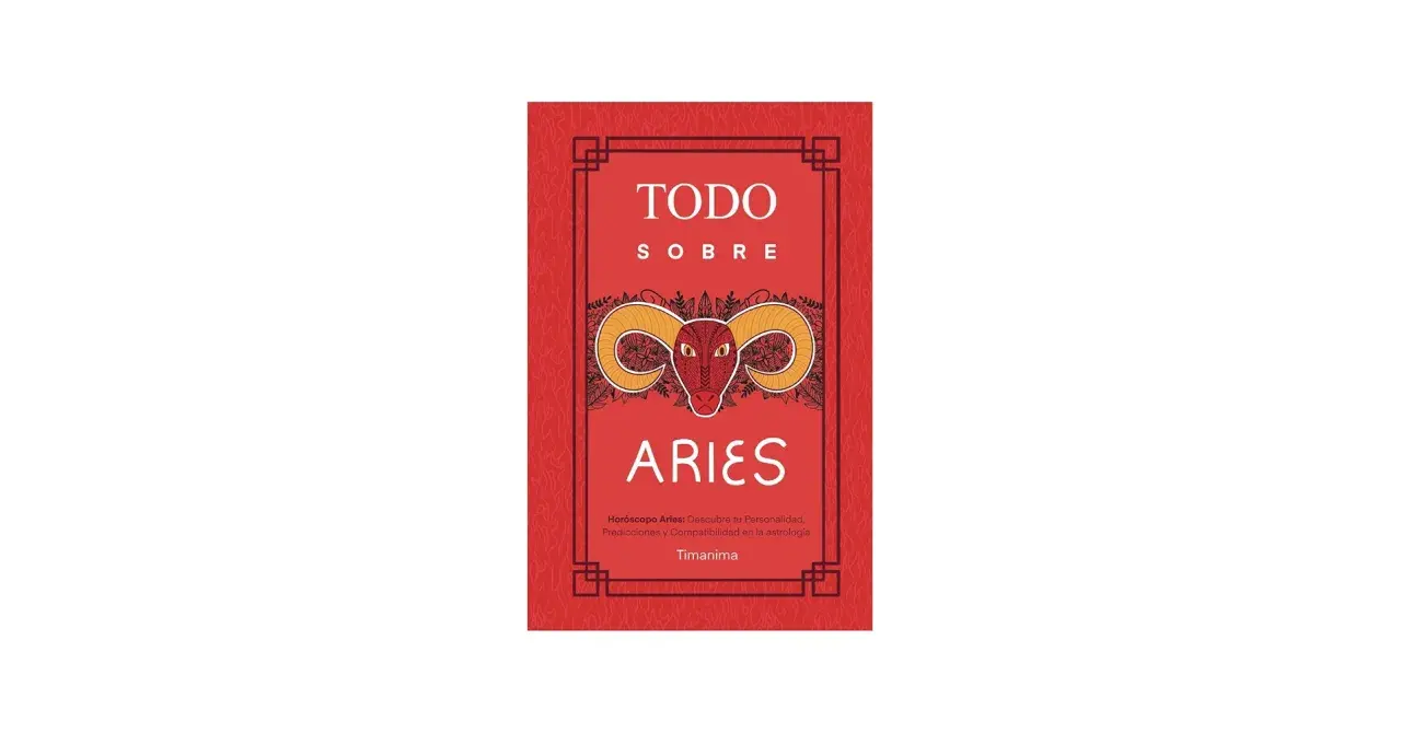 Portada de libro "Todo sobre Aries", con un carnero estilizado y texto sobre horóscopo diario Aries.