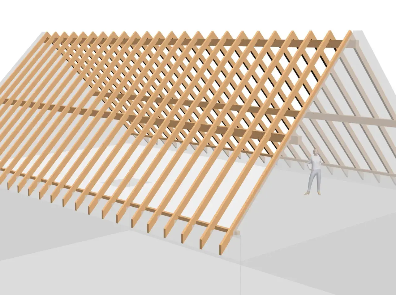 Dachstuhl aufbau: detaillierte Darstellung der Sparren und Latten eines Holz-Dachstuhls. Eine Person steht im Hintergrund zur Größenvergleich.