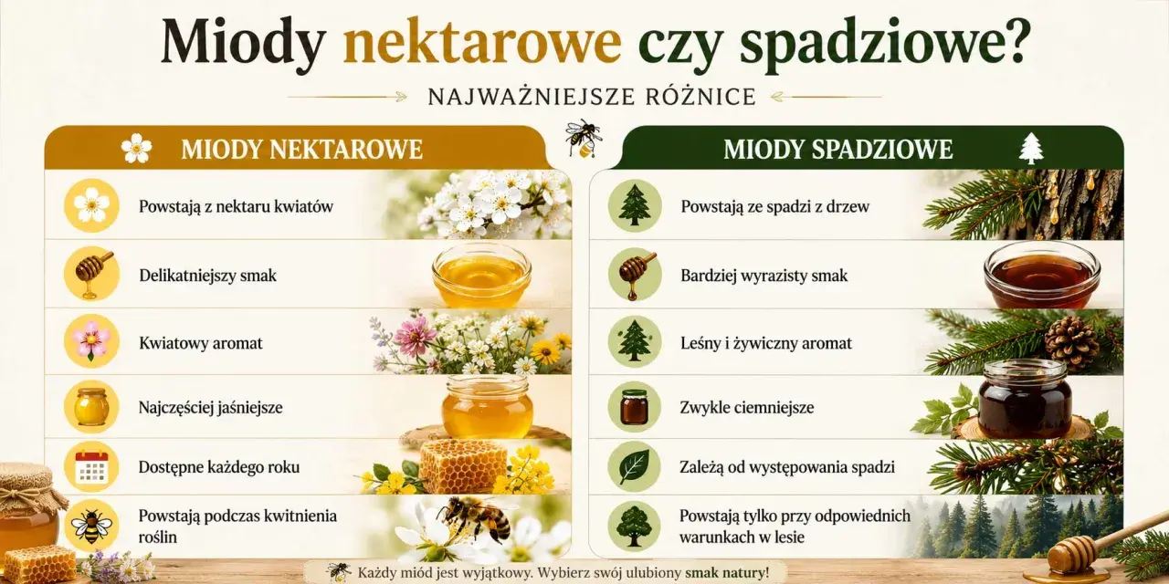 Porównanie miodów: nektarowe, delikatne, kwiatowe, jaśniejsze, dostępne co roku, kontra spadziowe, wyraziste, leśne, ciemniejsze, zależne od spadzi.