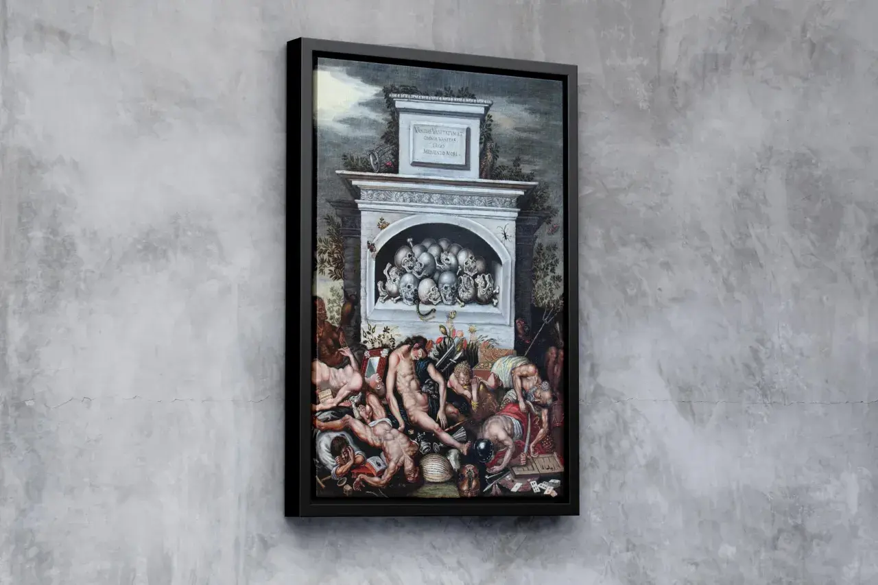 Gemälde mit Totenköpfen und Menschen, die die Vergänglichkeit des Lebens darstellen. Die Vanitas-Bedeutung ist klar: alles ist eitel.