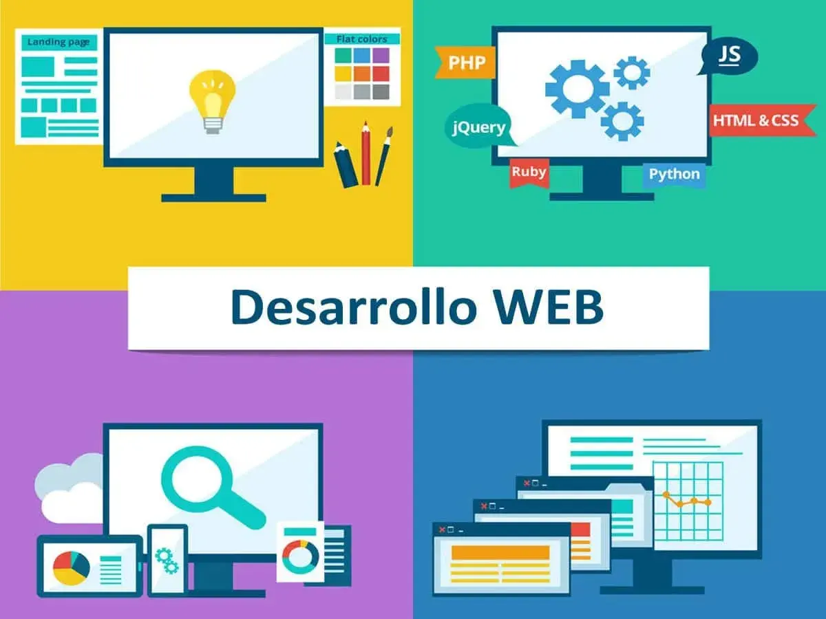 Ilustración de desarrollo web con iconos de programación, diseño de páginas web y herramientas de codificación.