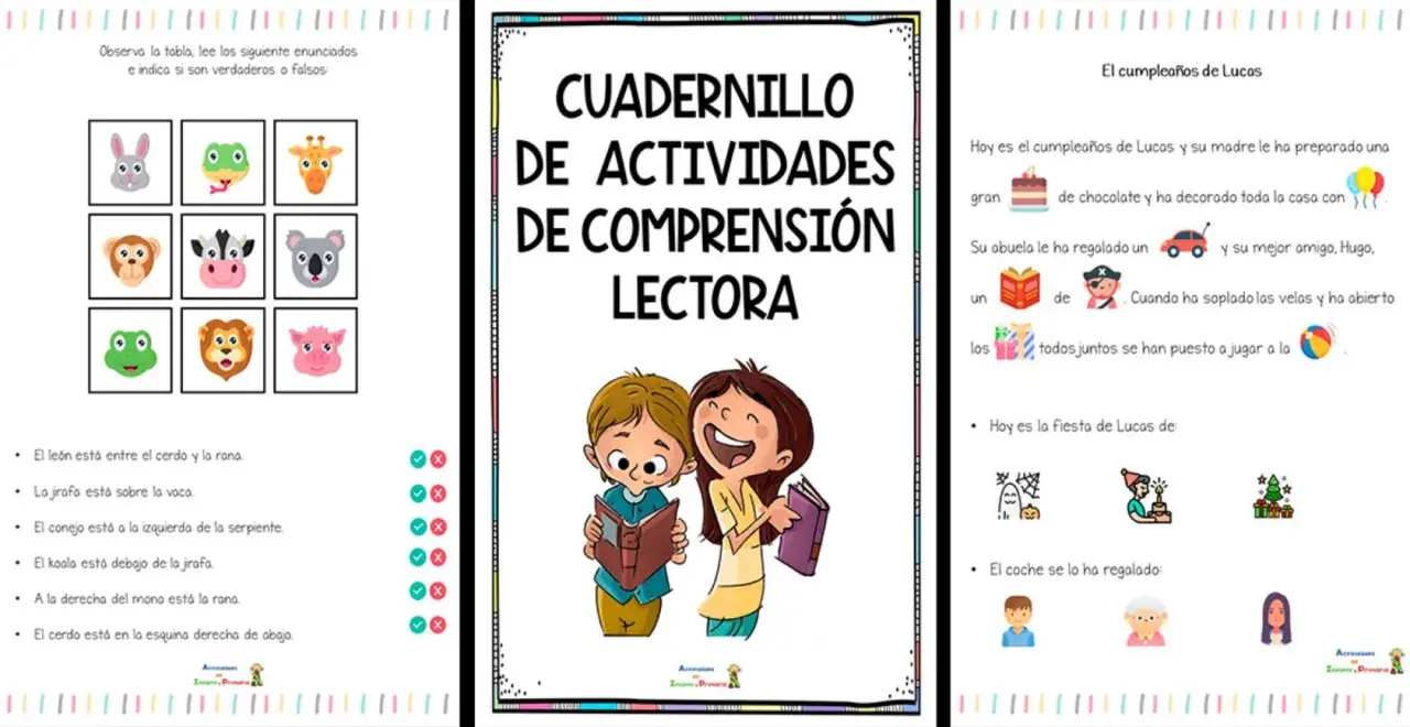Cuadernillo de actividades de comprensión lectora para niños con ejercicios de animales y un cuento sobre el cumpleaños de Lucas.