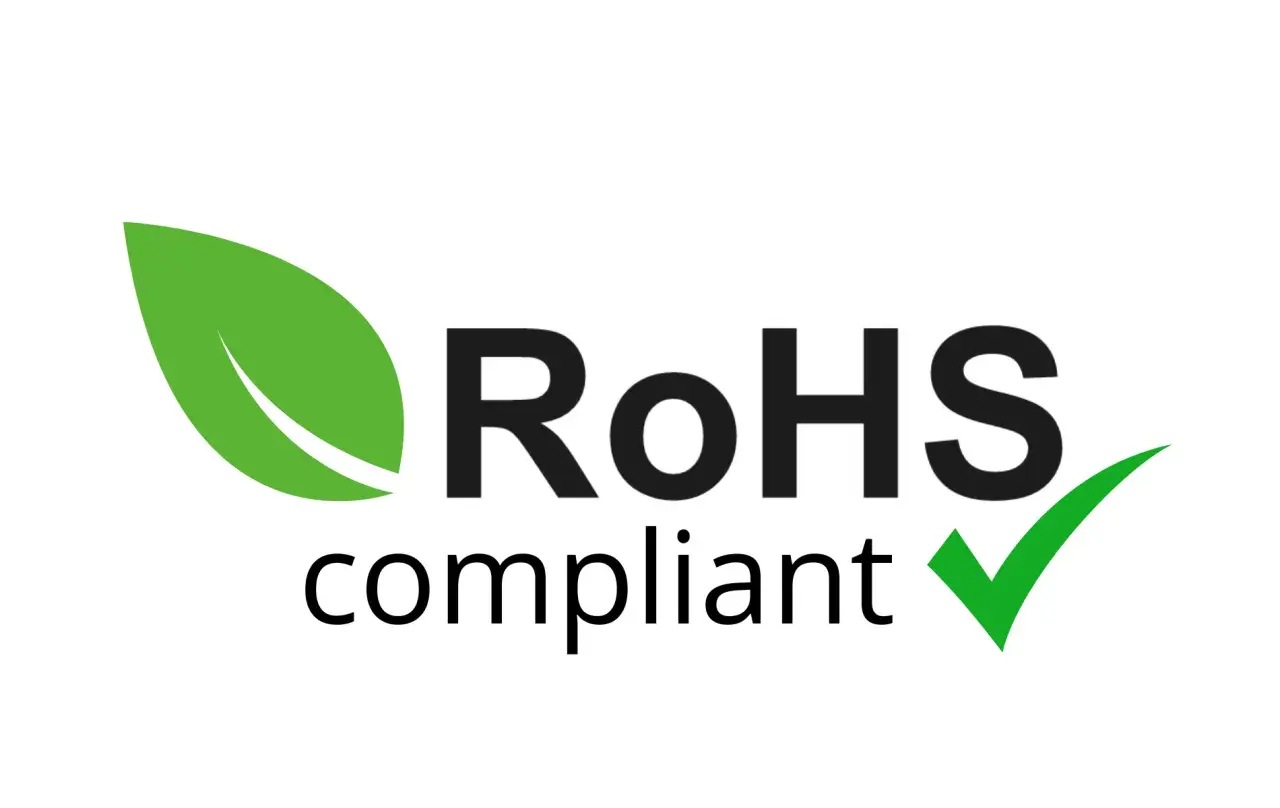 Zielony liść i zielony znaczek "ptaszka" obok napisu "RoHS compliant". To znak, że produkt jest zgodny z dyrektywą RoHS, która ogranicza stosowanie niebezpiecznych substancji.