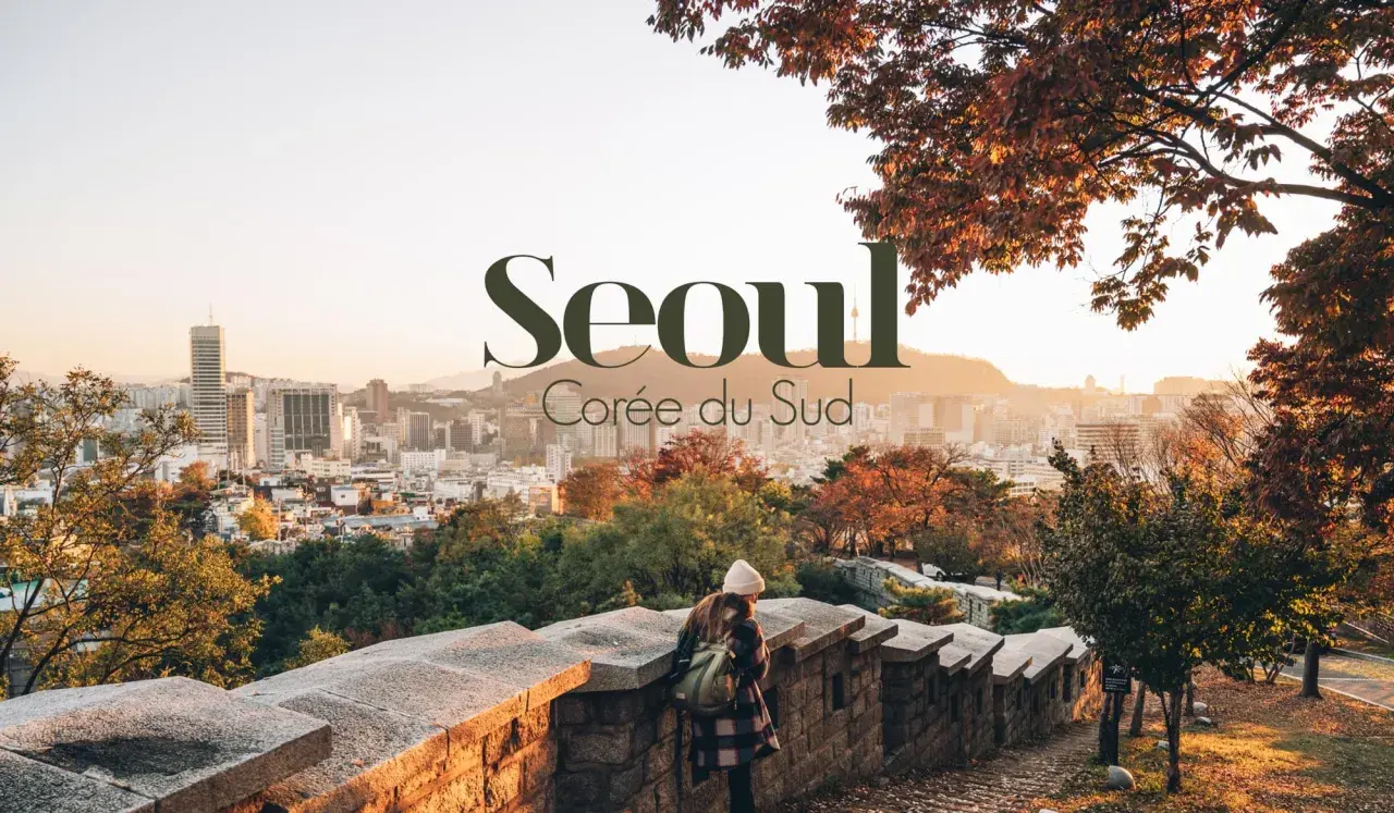 Vue panoramique de Séoul en automne. Une femme regarde la ville depuis un mur de pierre. Idéal pour savoir que faire à Séoul.
