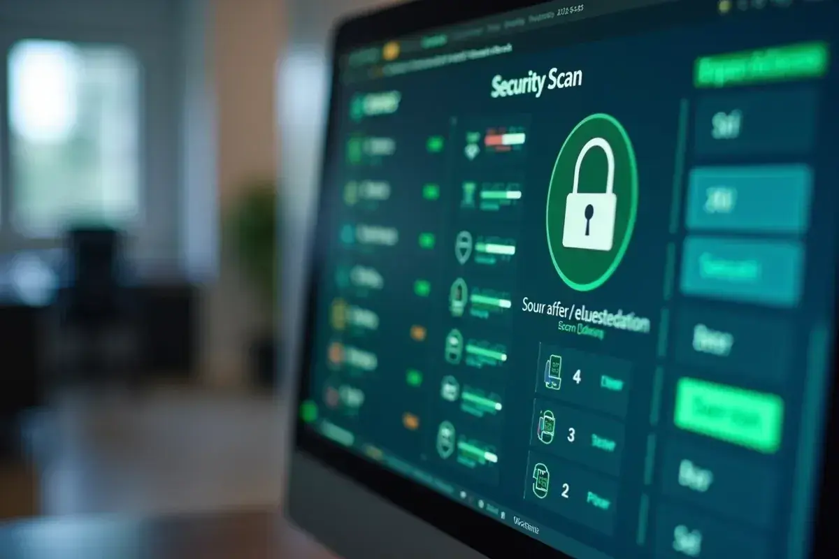 Ekran komputera z programem do skanowania bezpieczeństwa. Widoczny komunikat "Security Scan" i ikona kłódki. Program może pomóc w kwestii jak zaktualizować sterowniki.