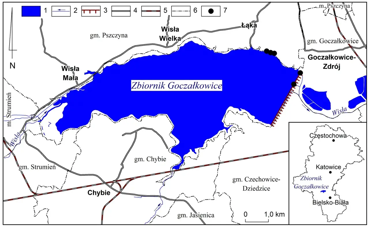 Mapa przedstawia Zbiornik Goczałkowice, otoczony przez gminy Pszczyna, Goczałkowice-Zdrój, Czechowice-Dziedzice i Chybie. Widoczna jest zapora Goczałkowice.
