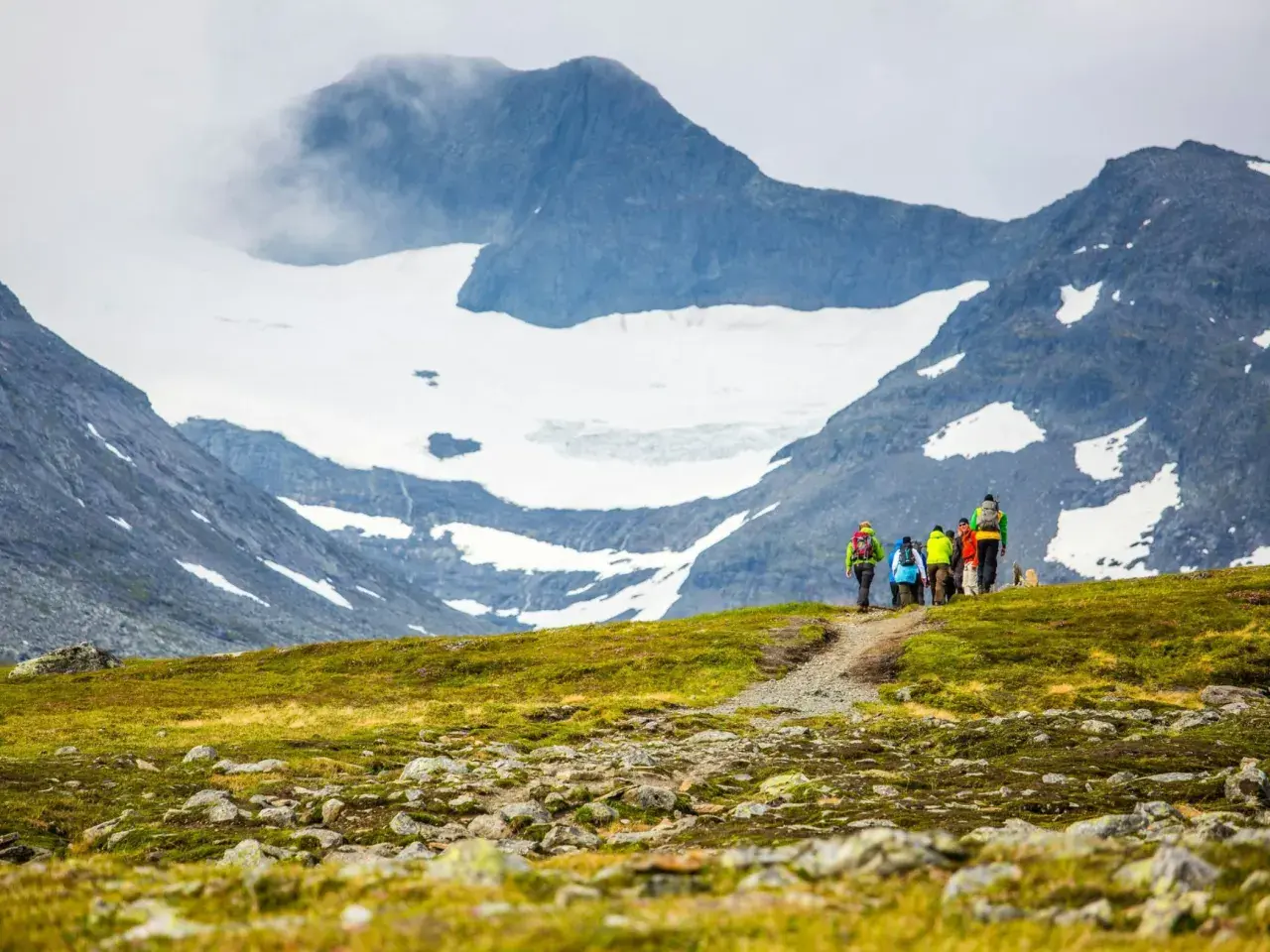 Vandringsgrupp på en grönskande sluttning med en glaciärklädd topptur i Sylarna i bakgrunden.