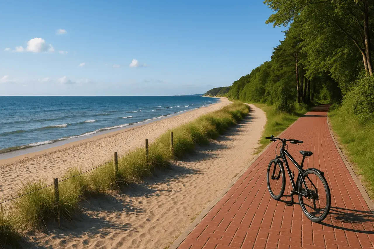 Rower czeka na ścieżce przy piaszczystej plaży. Idealna trasa nad morzem z widokiem na spokojne fale i zielony las.