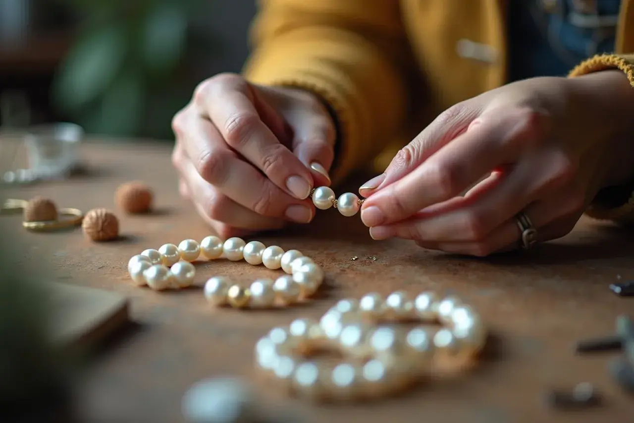 Hände fädeln Perlen auf, um Schmuck zu kreieren. Hier entstehen individuelle Perlen Ringe selber machen.