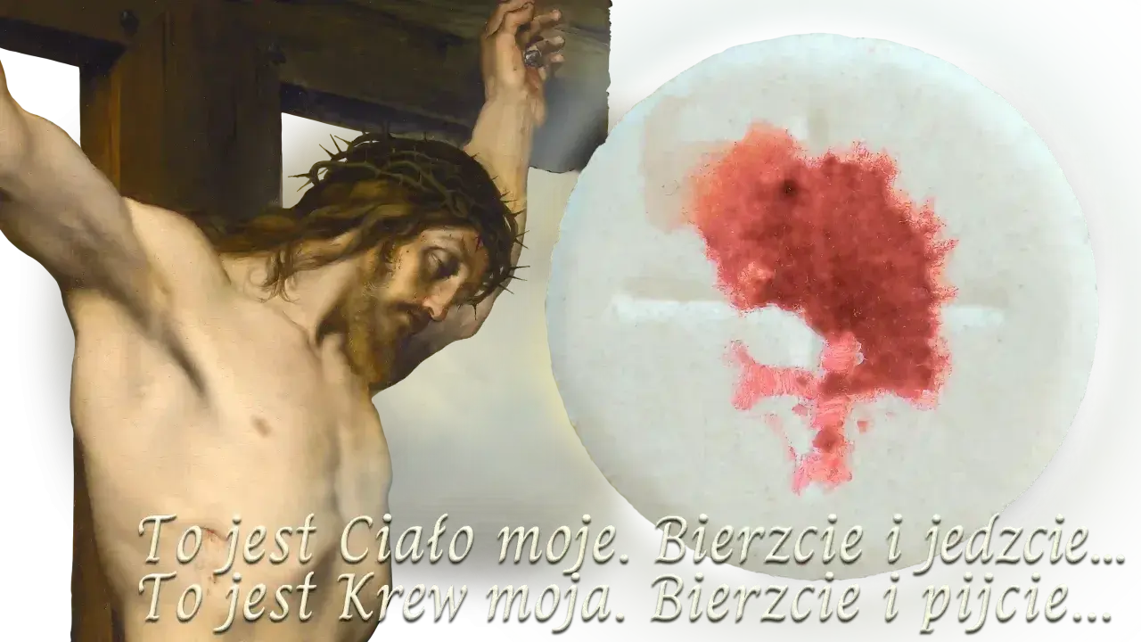 Obraz przedstawia ukrzyżowanego Jezusa i opłatek z krwią, symbolizujące najświętszy sakrament.