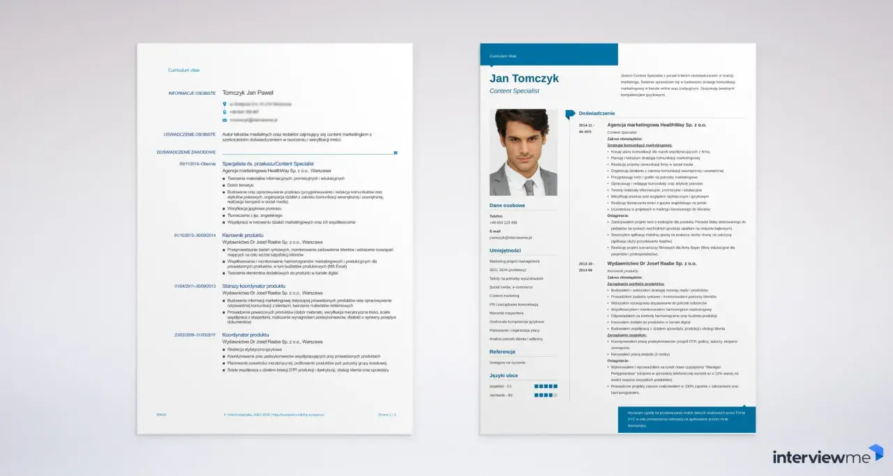 Puste CV do wypełnienia w Wordzie, z danymi Jana Tomczyka, Content Specjalisty.