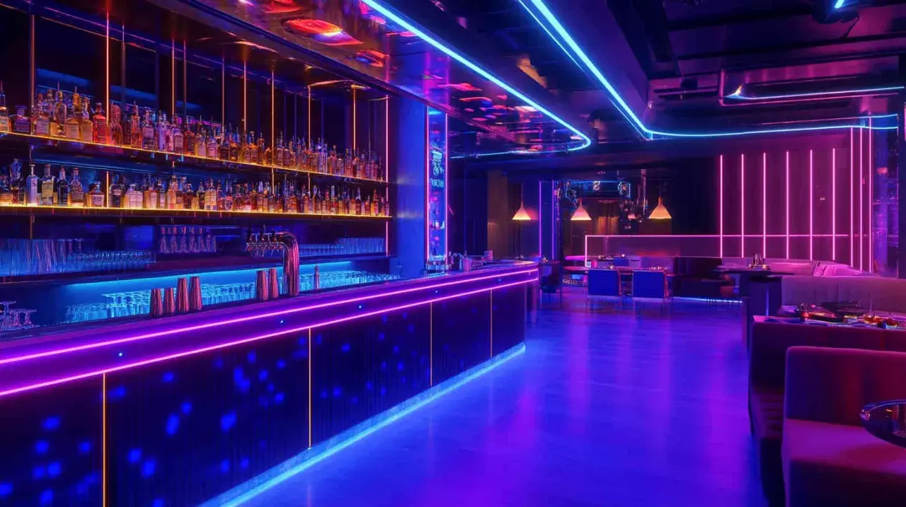 Bar moderno con iluminación led azul y morada. Botellas en estanterías, barra con luces y mesas con sofás en el fondo. Una barra led empotrable techo ilumina el ambiente.