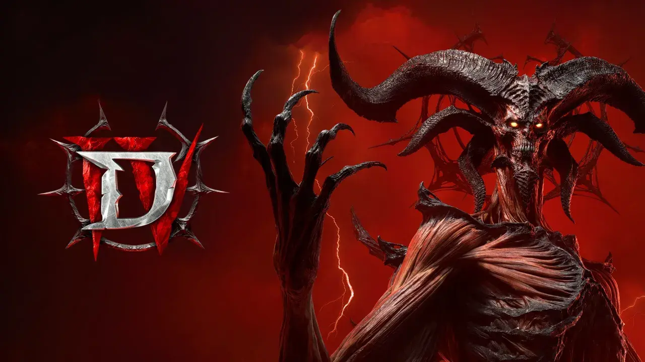 Diablo 4 dodatek: przerażający demon z rogami i płonącymi oczami, logo gry na tle burzy.
