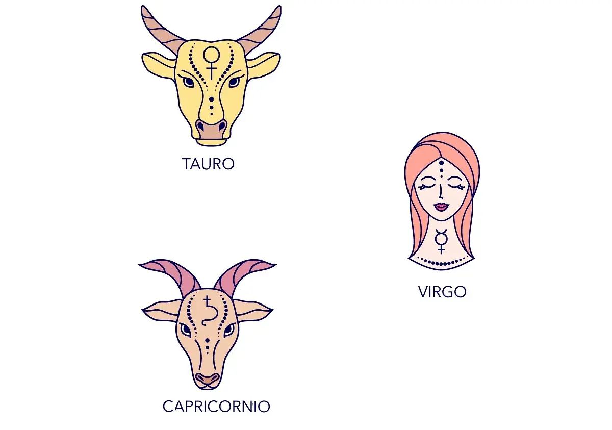 Los signos de tierra Tauro, Virgo y Capricornio representados con sus símbolos astrológicos.