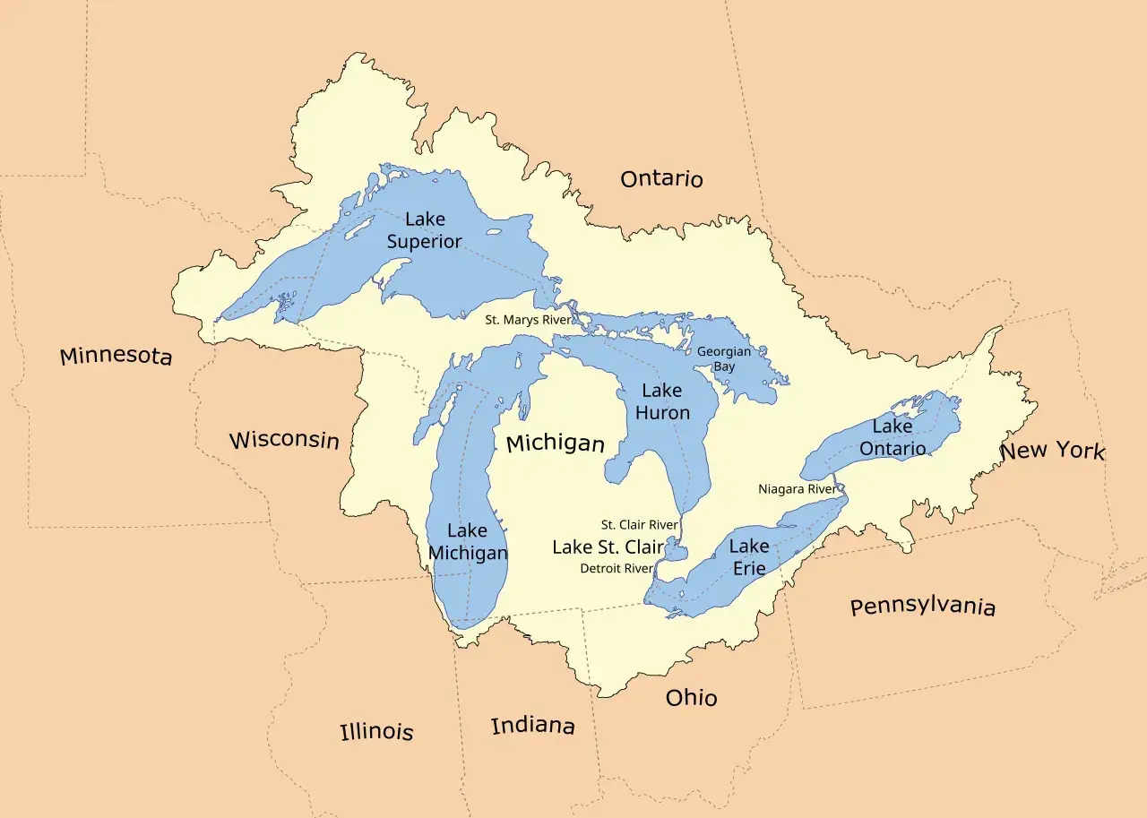 Mapa Wielkich Jezior i otaczających stanów USA. Widać jeziora: Górne, Michigan, Huron, Erie, Ontario.