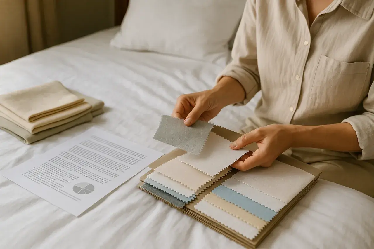 Manos revisan muestras de tela, incluyendo opciones de poliéster reciclado, junto a documentos y textiles doblados sobre una cama.