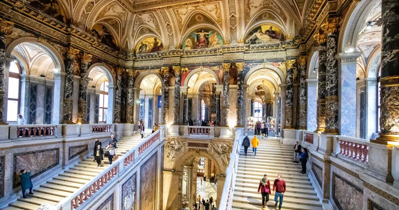 Grand staircase in Vienna's Kunsthistorisches Museum, a highlight of any 24 hours in Vienna visit.