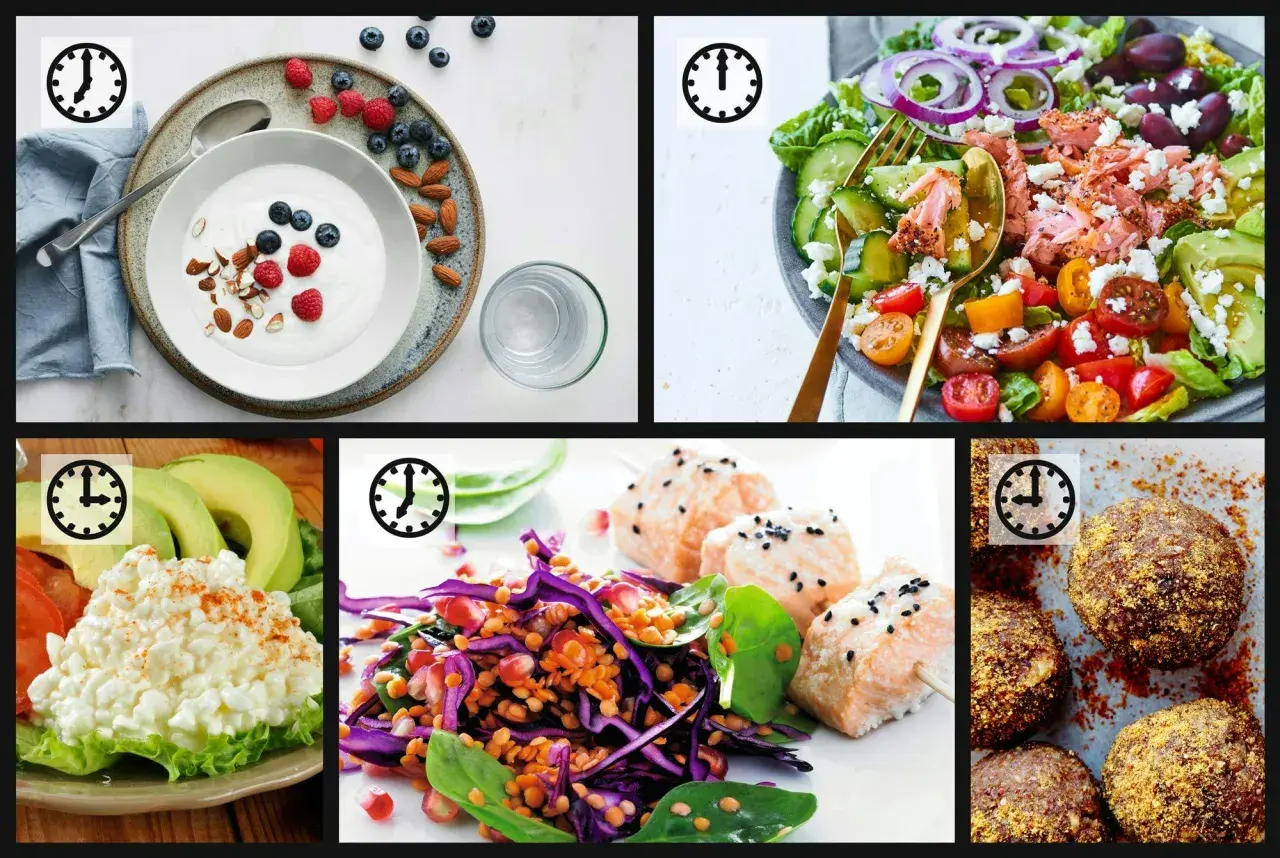 Fem bilder visar olika rätter som passar för antiinflammatorisk kost: yoghurt med bär, lax med sallad, keso med avokado, laxspett med linser och bollar med nötter.