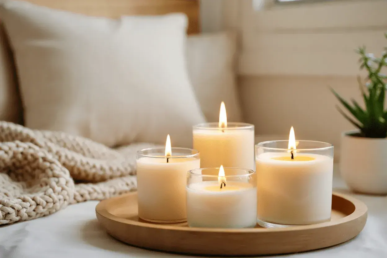 Velas encendidas en un plato de madera, rodeadas de mantas y cojines. Considera alternativas a la parafina, ya que la parafina es cancerígena.