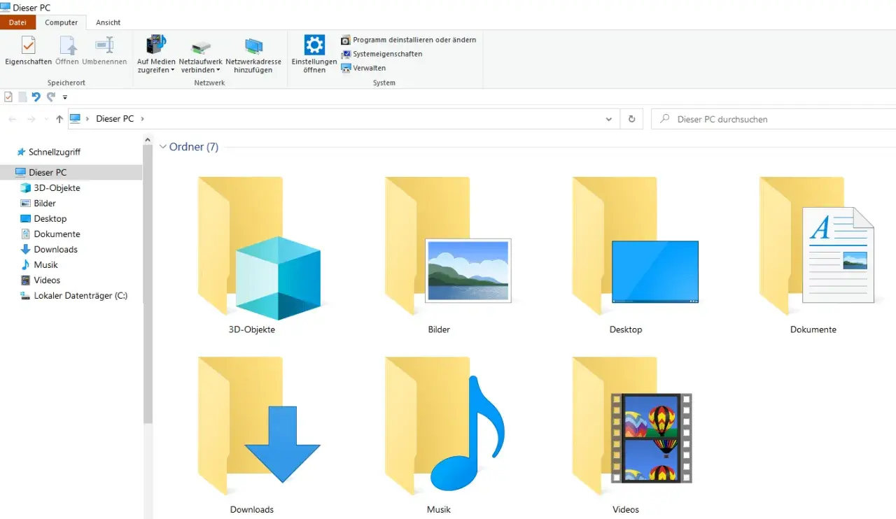Dateien-Explorer zeigt Ordner wie Bilder, Musik und Videos. Hier speichert OBS Aufnahmen, oft im Ordner "Videos".
