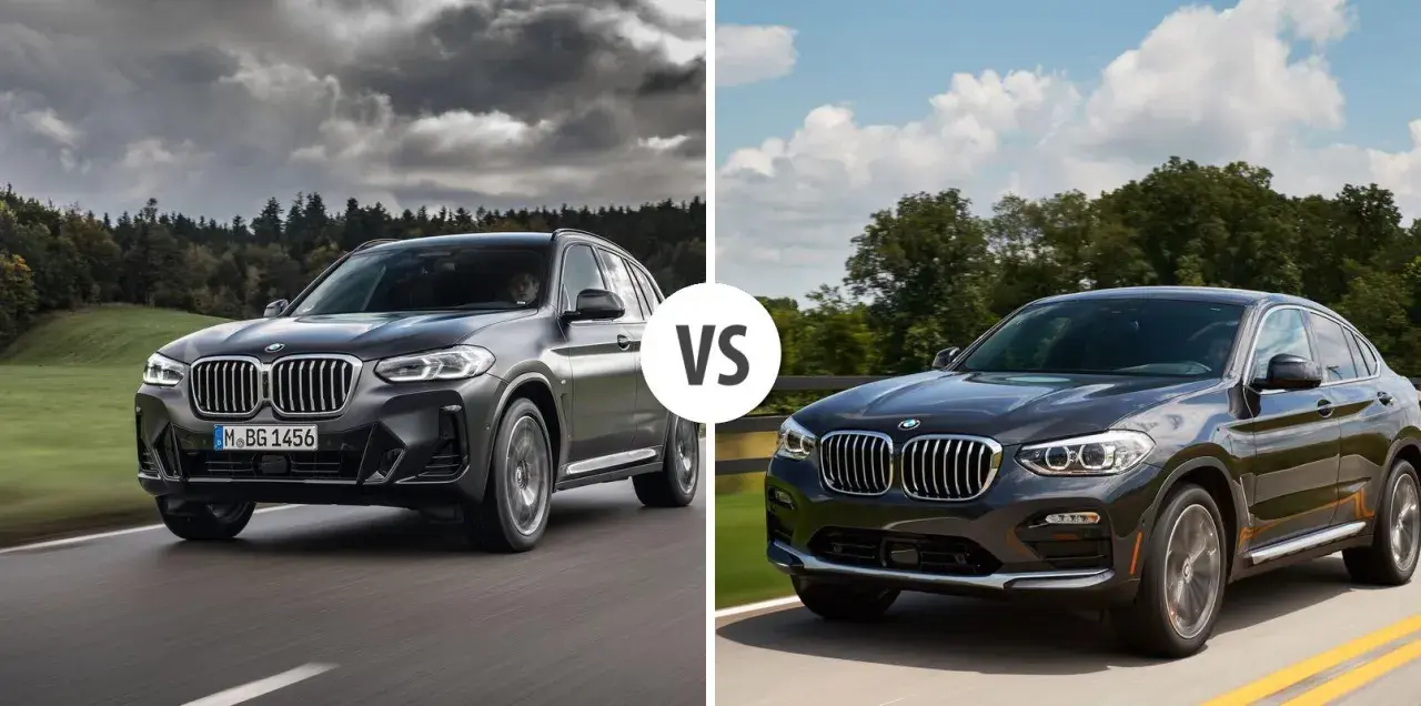 Porównanie BMW X4 z X3, uwzględniające BMW X4 wymiary. Dwa SUV-y na drodze.