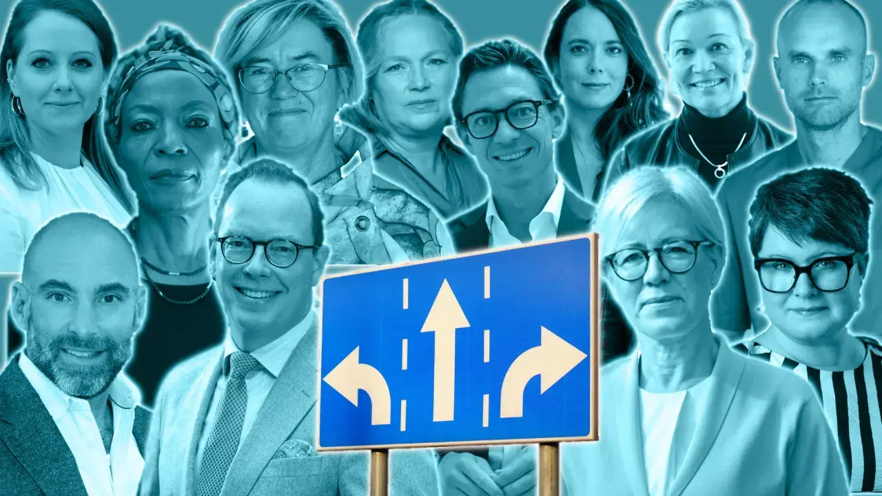 Ansikten i blå toner, en vägskylt med pilar som visar olika riktningar. En visuell representation av valet inom digital vård.