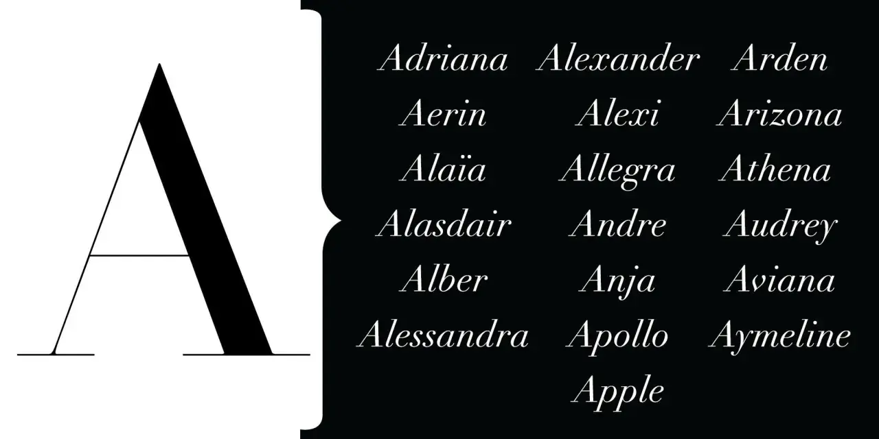 Une grande lettre A stylisée à gauche, et à droite, une liste de prénoms en A : Adriana, Alexander, Arden, Aerin, Alexi, Arizona, Alaïa, Allegra, Athena, Alasdair, Andre, Audrey, Alber, Anja, Aviana, Alessandra, Apollo, Aymeline, Apple.