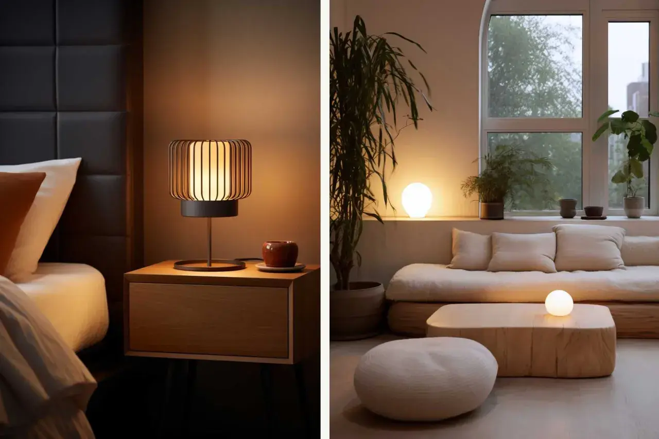 Una lámpara de noche de diseño moderno y otra lámpara esférica iluminan un salón acogedor.
