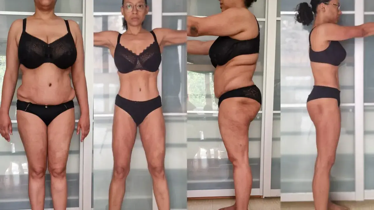 Comparaison avant/après : une femme en lingerie noire montre sa silhouette. Elle ne perd pas de poids mais s'affine, avec des muscles plus visibles.