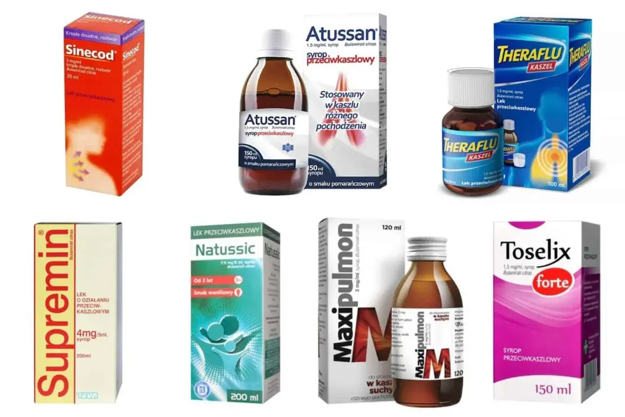 Leki na kaszel: Sinecod, Atussan, Theraflu, Supremin, Natussic, Maxipulmon, Toselix. Wszystkie zawierają butamiratu cytrynian, substancję czynną leków przeciwkaszlowych.