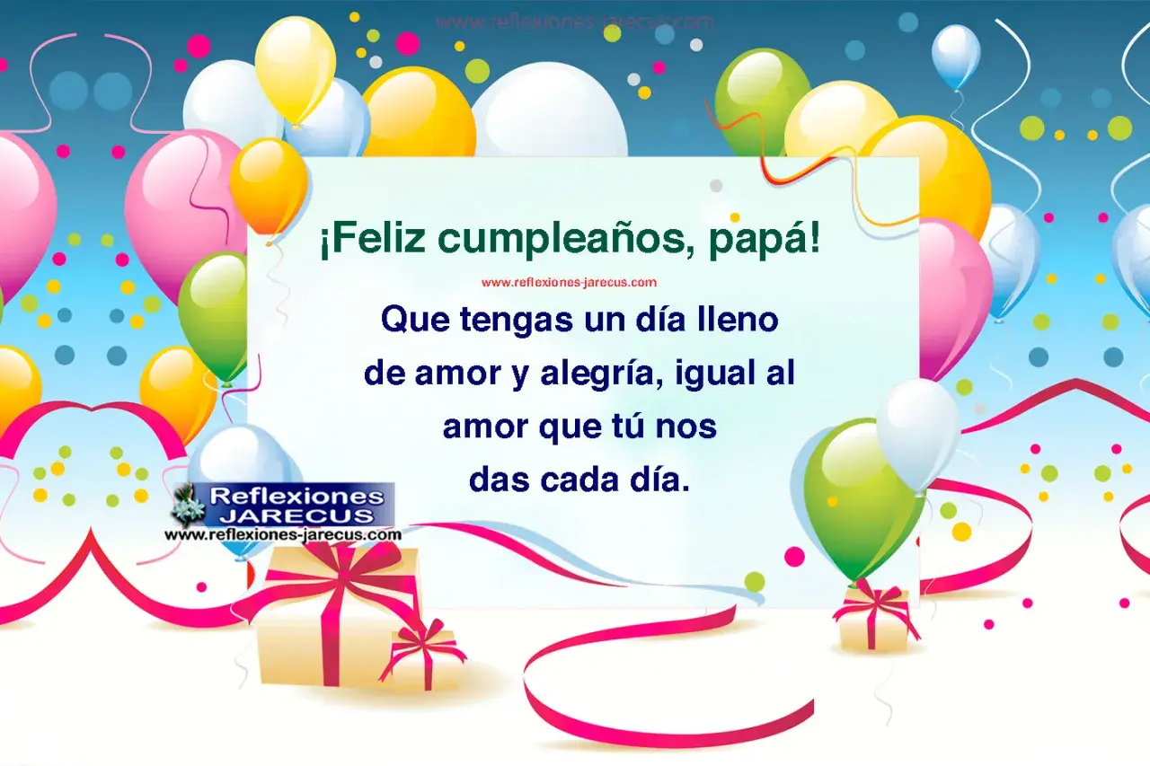 ¡Feliz cumpleaños, papá! Globos, regalos y confeti celebran tu día. Que esté lleno de amor y alegría, como el que tú nos das.