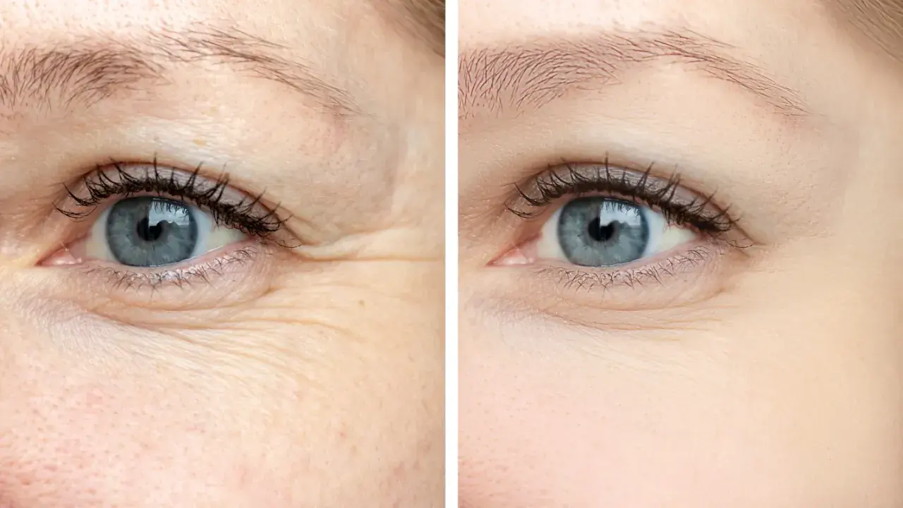 Przed i po zabiegu botox na twarz: wygładzone zmarszczki wokół oka, skóra wygląda młodziej i bardziej promiennie.