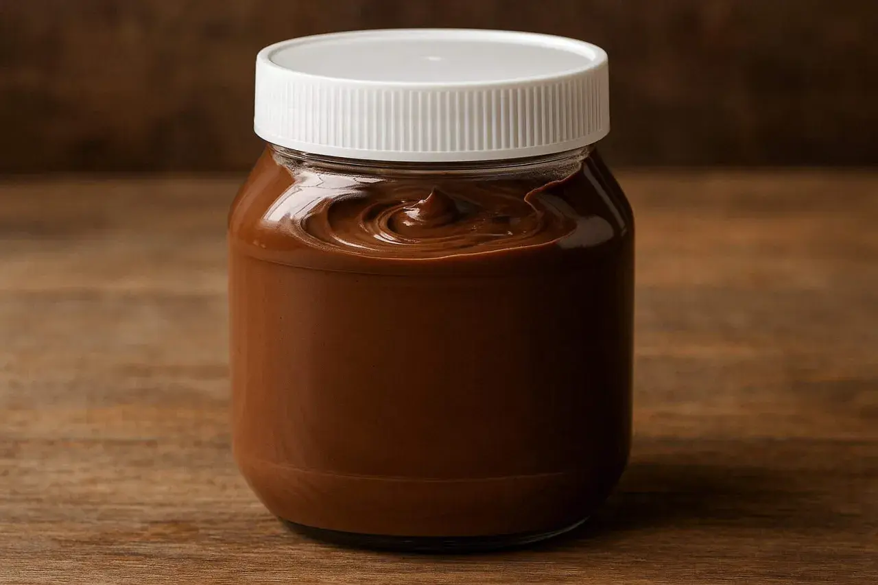 En burk med krämig chokladpålägg, perfekt för frukostmackan. Man kan nästan känna doften av nutella innehåll.