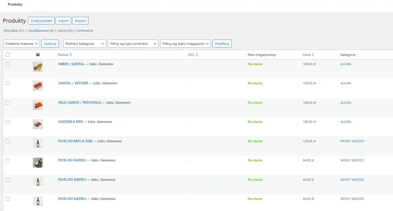 Lista produktów w panelu administracyjnym WooCommerce WordPress: kadzidła, płyny, ceny i kategorie.
