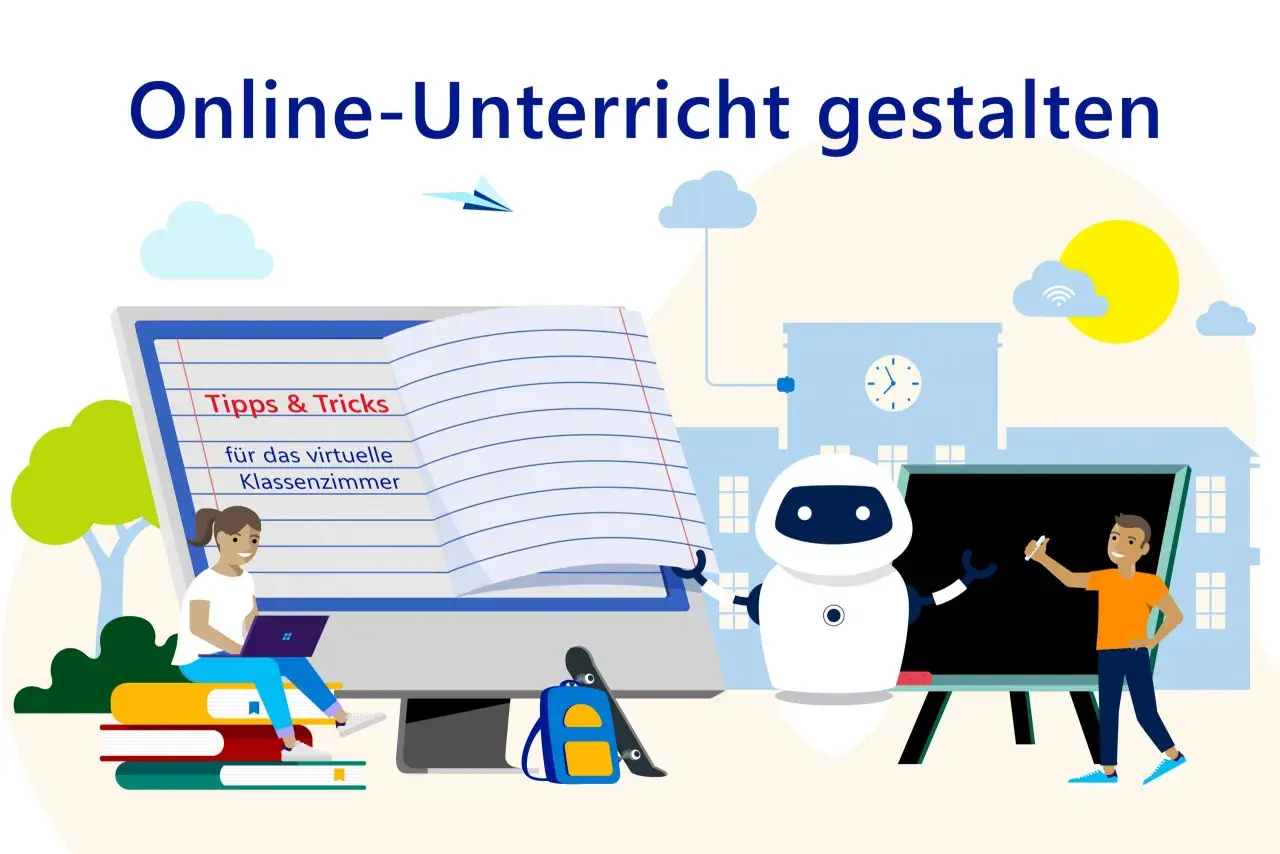 Eine Schülerin lernt am Laptop, ein Roboter und ein Schüler am Whiteboard – Illustration für eine online-unterricht plattform.