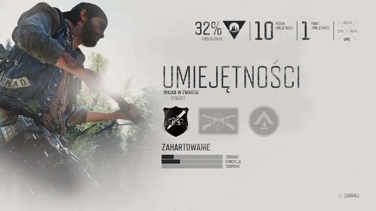 Menu umiejętności w Days Gone. Poziom 10, 32% postępu. Zobacz statystyki i odblokuj nowe zdolności.