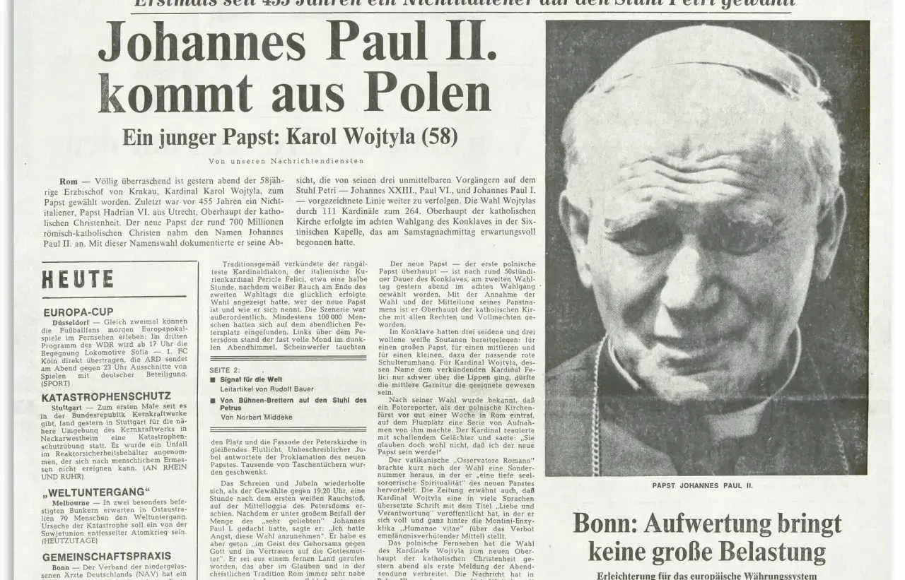 Papst Johannes Paul II., der erste polnische Papst, wird gewählt. Ein junger Papst aus Polen.