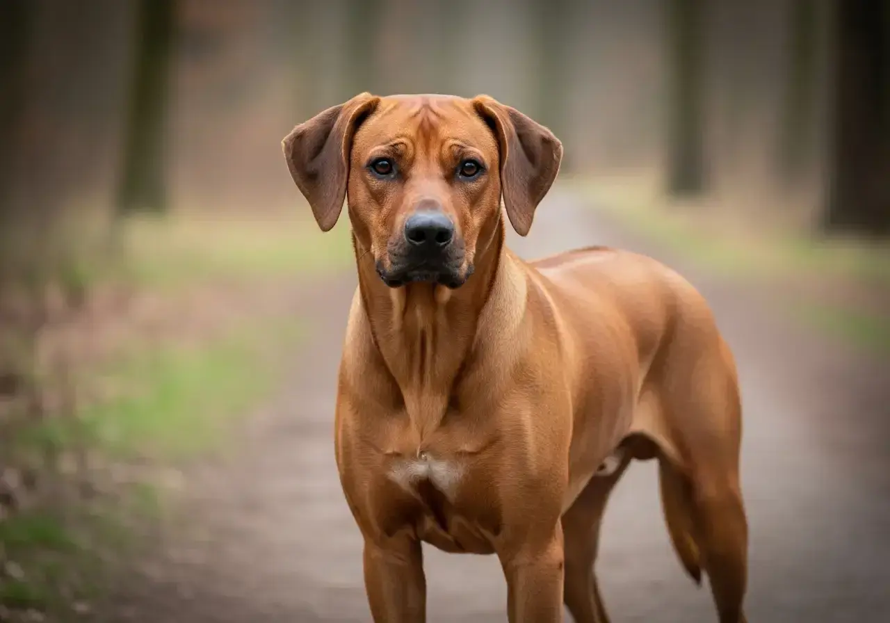 Ein stolzer afrikanischer Jagdhund steht auf einem Waldweg. Sein glänzendes, rotbraunes Fell und seine aufmerksamen Augen strahlen Kraft und Intelligenz aus.