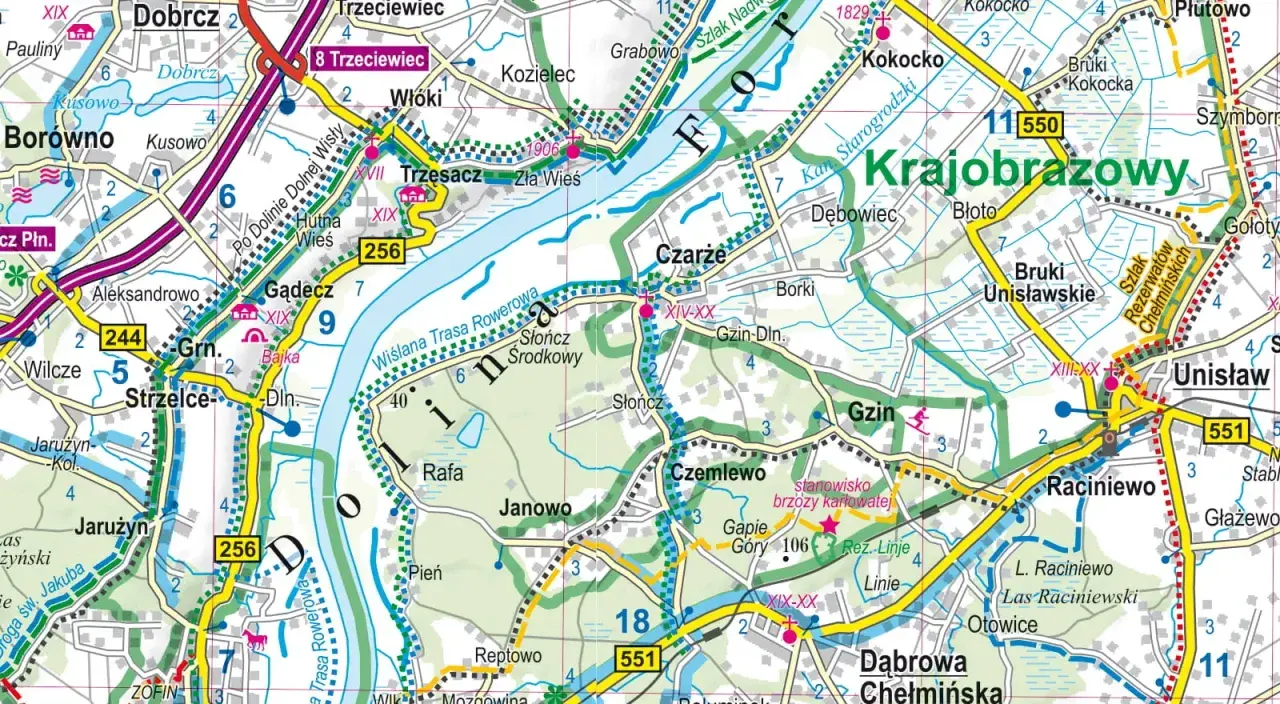 Mapa turystyczna Bory Tucholskie, gdzie leżą m.in. Gądecz, Czarże i Unisław.