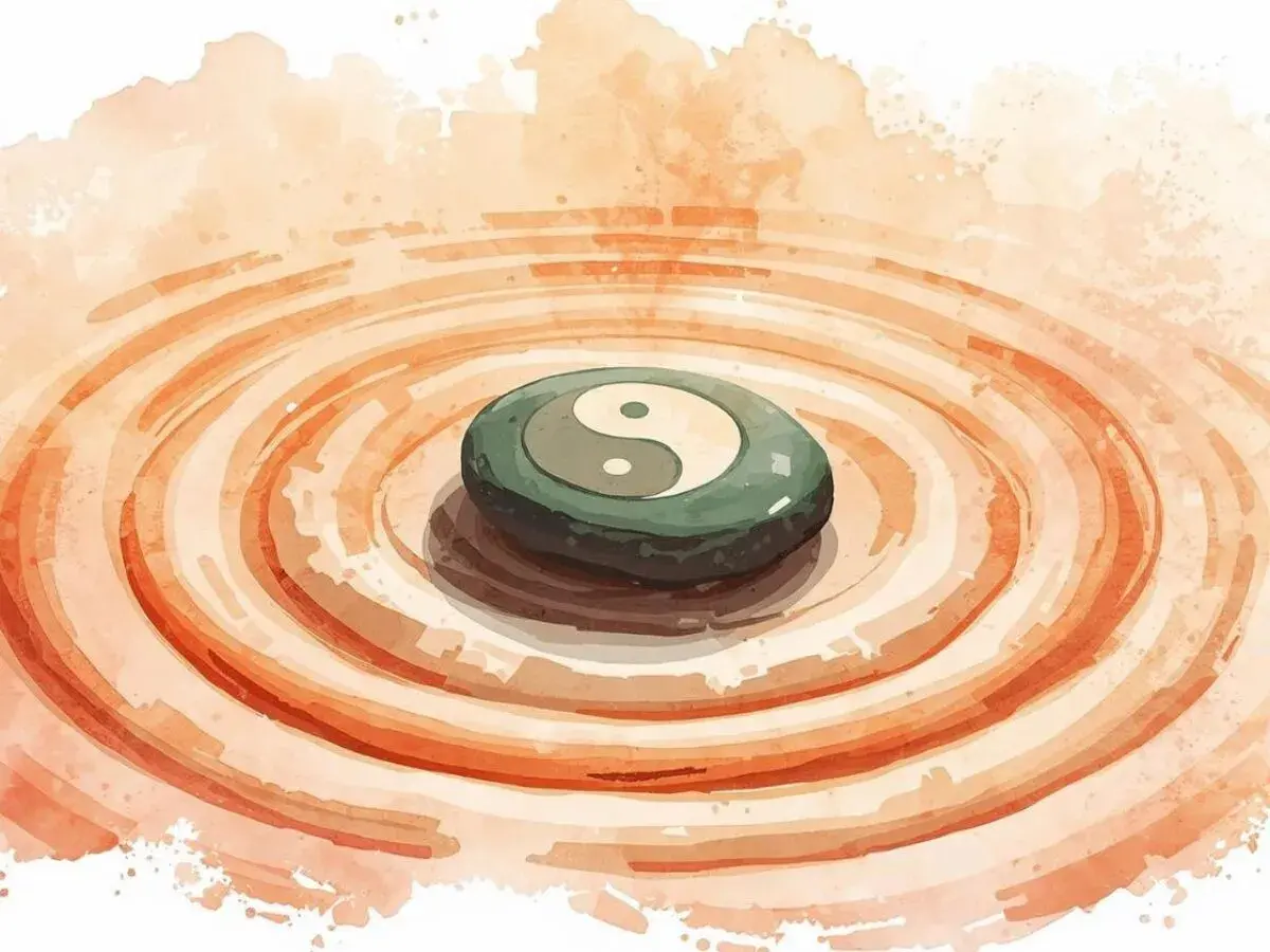 Pietra con simbolo Yin e Yang su un letto di sabbia rastrellata, evocando la pace del Tao Te Ching.