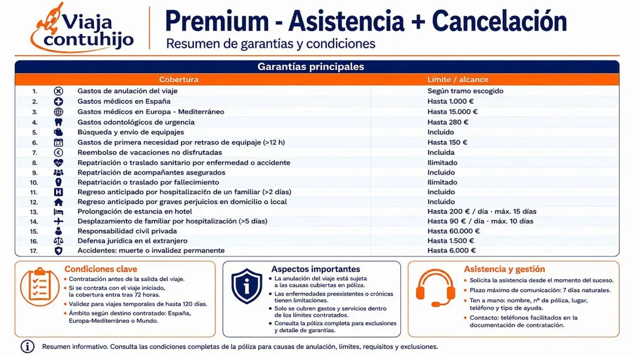 Resumen de seguro de viaje con coberturas como gastos de anulación, médicos y repatriación. Incluye asistencia y gestión para tu tranquilidad.