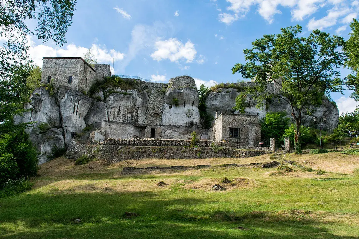 Ruiny zamku na skale, zielona trawa i drzewa. Wspaniałe morsko atrakcje dla miłośników historii i przyrody.