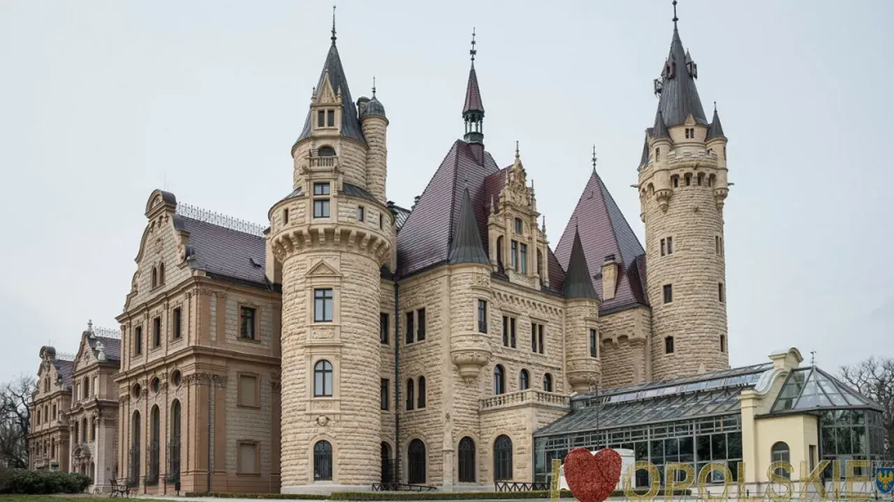 Imponujący moszna zamek zdjęcia, z wieżami i kamiennymi murami, otoczony zielenią.