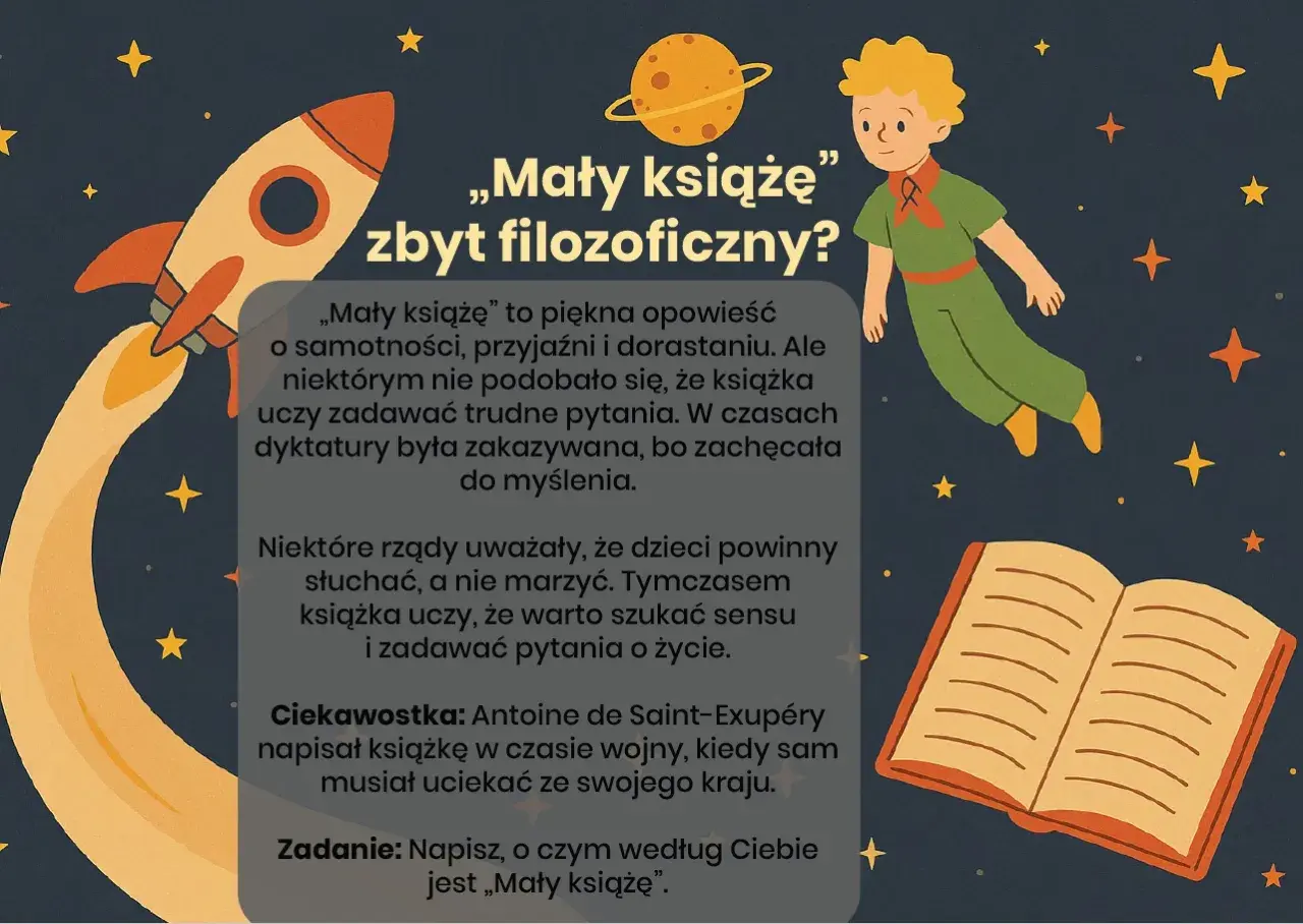 Ilustracja z Małym Księciem, rakietą i książką. Tekst omawia tę przypowieść i jej filozoficzne przesłanie.