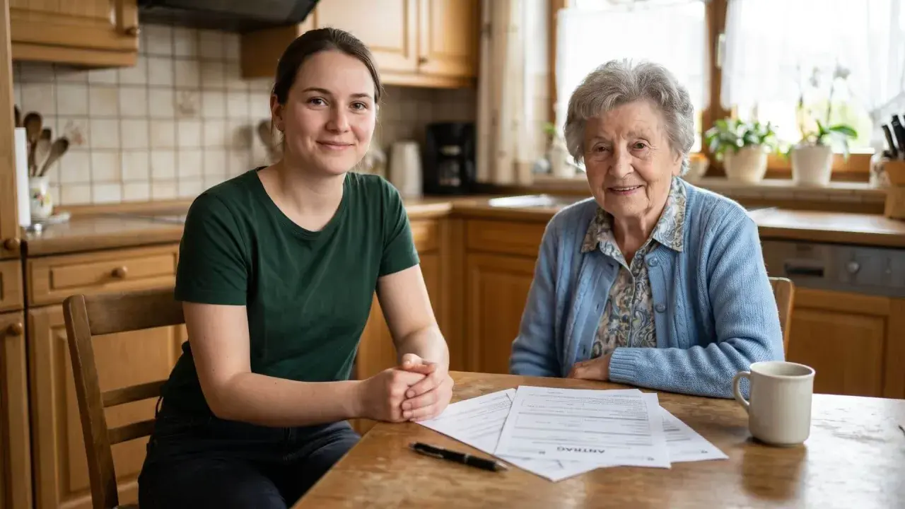 Junge Frau und Seniorin am Tisch. Antrag für haushaltshilfe krankenkasse senioren liegt bereit.